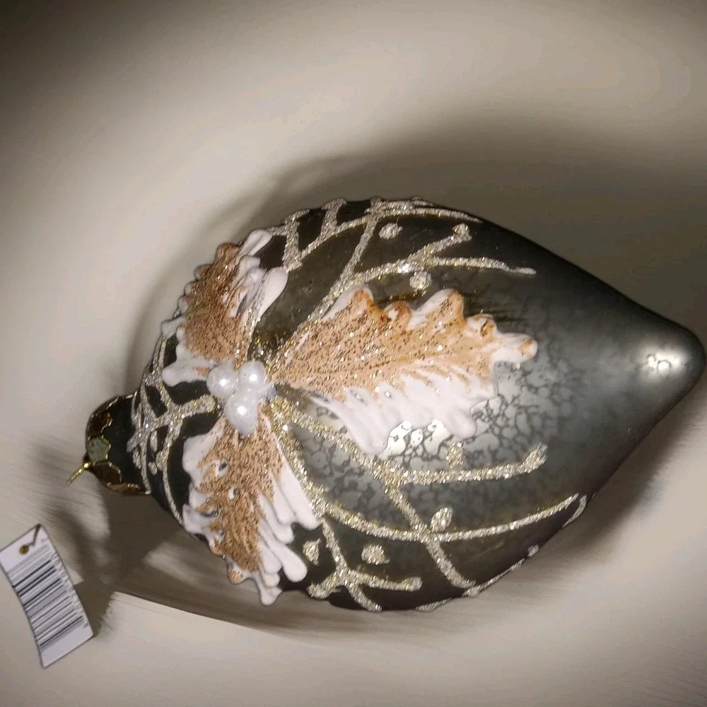 New Christmas Ornament‎ Glass Silver Antiqued Ivory Poinsettia 5.5 in